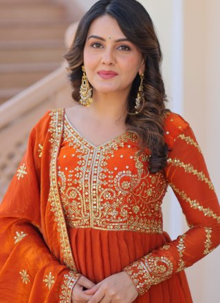 Orange Silk Embroidered, Sequins and Zari Work  Designer Gown for Ceremonial