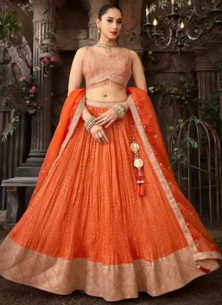 Orange Silk Embroidered, Sequins and Zari Work Readymade Lehenga Choli