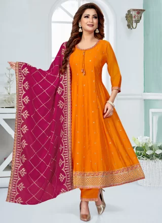 Orange Silk Embroidered Work Readymade Salwar Suit for Ceremonial