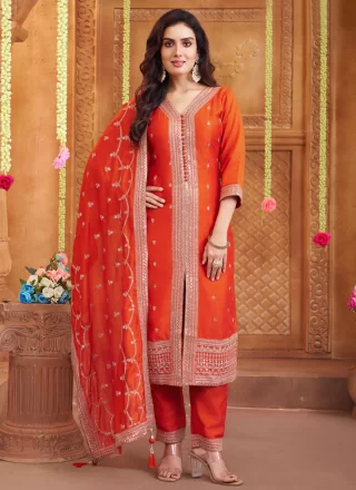 Orange Silk Embroidered Work Salwar Suit