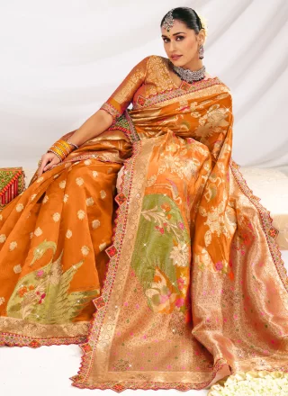 Orange Silk Fancy Work Contemporary Sari for Engagement
