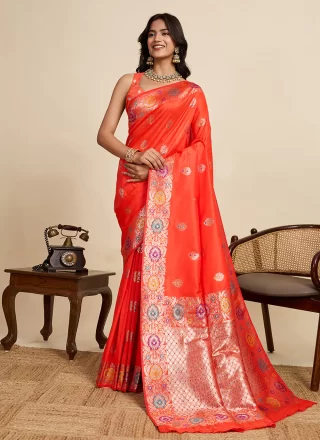 Orange Silk Jacquard and Woven Work Contemporary Sari