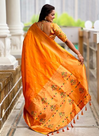 Orange Silk Jacquard Work Classic Sari for Ceremonial