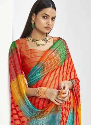 Orange Silk Print Work Traditional Saree for Casual
