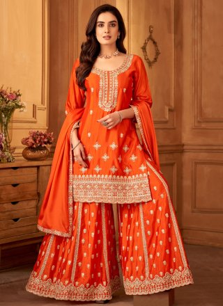 Orange Silk Salwar Suit with Embroidered and Zari Work