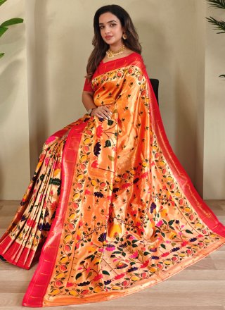 Orange Silk Traditional Saree with Weaving Work