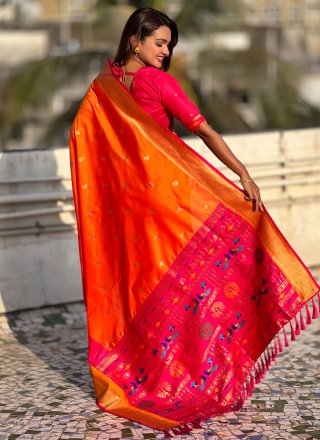 Orange Silk Trendy Saree with Weaving Work