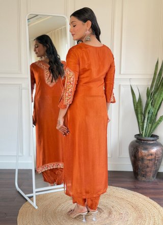 Orange Viscose Salwar Suit with Embroidered and Print Work for Ceremonial
