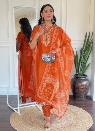 Orange Viscose Salwar Suit with Embroidered and Print Work for Ceremonial
