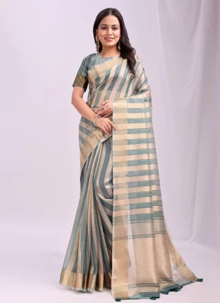 Organza Classic Saree In Green Color