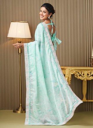 Organza Classic Sari In Turquoise Colour