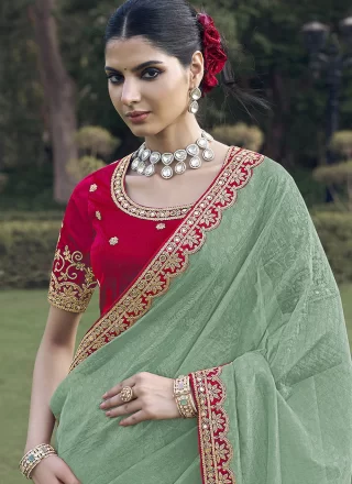 Organza Contemporary Sari In Sea Green Color