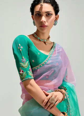 Organza Shaded Saree In Turquoise Color