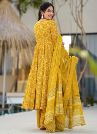 Paisley Print Work Muslin Trendy Suit In Yellow Color