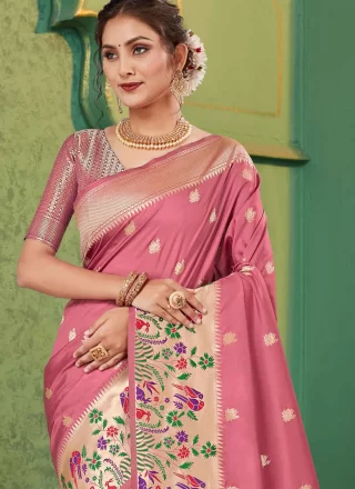 Paramount Pink Silk Trendy Saree with Weaving Work