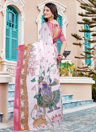 Patch Border and Digital Print Work Cotton Classic Saree In Off White for Casual