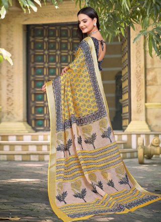 Patch Border and Digital Print Work Cotton Classic Saree In Yellow for Engagement
