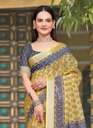 Patch Border and Digital Print Work Cotton Classic Saree In Yellow for Engagement