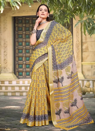Patch Border and Digital Print Work Cotton Classic Saree In Yellow for Engagement