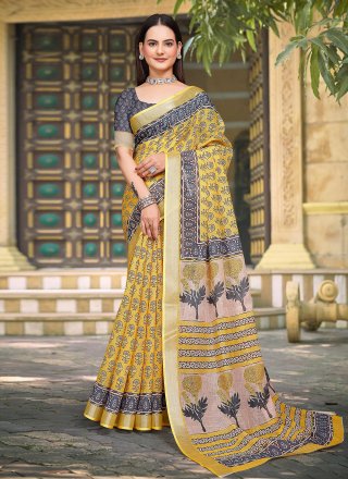 Patch Border and Digital Print Work Cotton Classic Saree In Yellow for Engagement