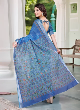 Patch Border and Digital Print Work Cotton Classic Sari In Blue
