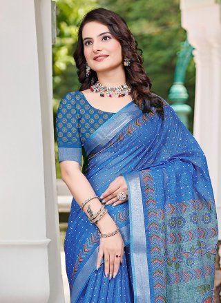 Patch Border and Digital Print Work Cotton Classic Sari In Blue