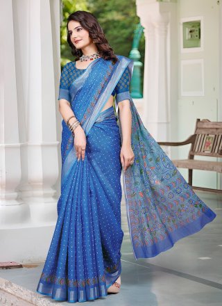 Patch Border and Digital Print Work Cotton Classic Sari In Blue