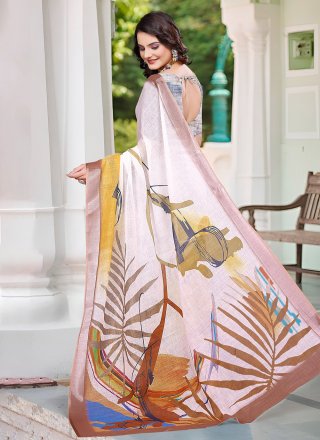 Patch Border and Digital Print Work Cotton Classic Sari In Off White