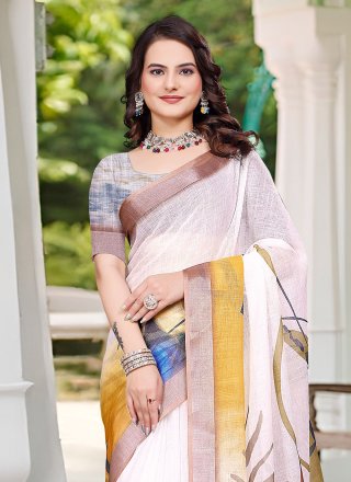 Patch Border and Digital Print Work Cotton Classic Sari In Off White