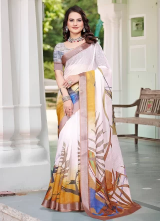 Patch Border and Digital Print Work Cotton Classic Sari In Off White