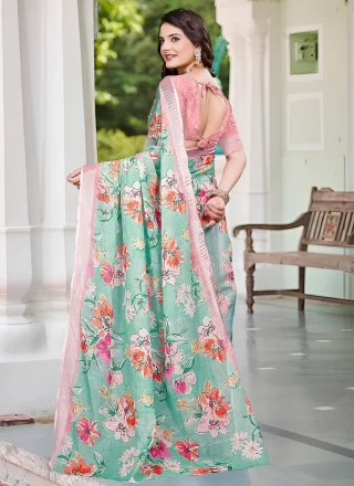 Patch Border and Digital Print Work Cotton Trendy Saree In Sea Green Colour