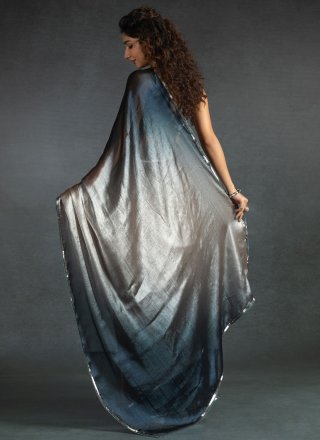 Patch Border and Dimond Work Satin Silk Trendy Saree In Silver Color
