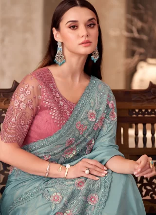 Patch Border and Embroidered Work Faux Georgette Classic Saree In Aqua Blue for Ceremonial