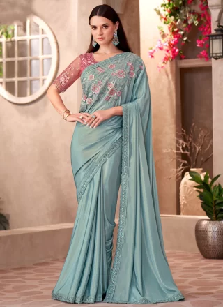 Patch Border and Embroidered Work Faux Georgette Classic Saree In Aqua Blue for Ceremonial