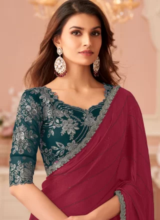 Patch Border and Embroidered Work Satin Traditional Saree In Burgundy Colour