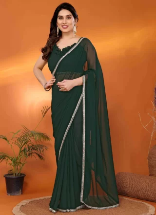 Patch Border and Fancy Work Georgette Contemporary Saree In Green