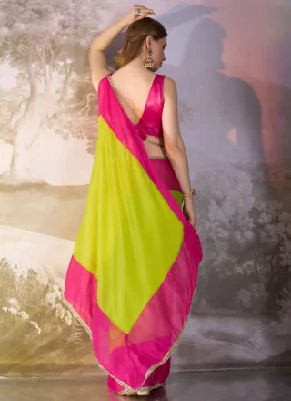 Patch Border and Lace Work Chiffon Designer Sari In Green Colour