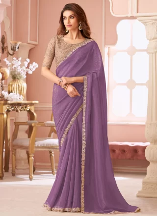 Patch Border and Lace Work Georgette Designer Saree In Lavender for Ceremonial