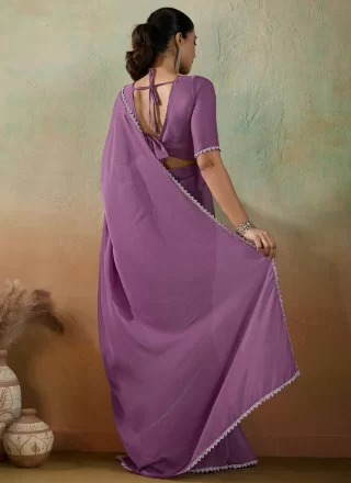 Patch Border and Lace Work Georgette Designer Saree In Purple for Casual