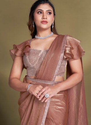 Patch Border and Lace Work Satin Silk Ruffle Saree In Pink and Rust Colour