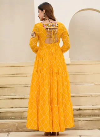Patch Border and Print Work Faux Georgette Designer Gown In Mustard for Festival