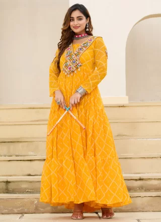 Patch Border and Print Work Faux Georgette Designer Gown In Mustard for Festival