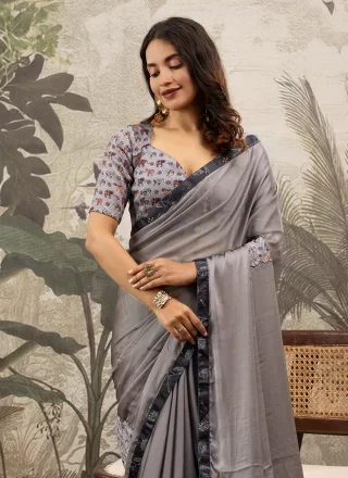 Patch Border and Print Work Georgette Classic Saree In Grey for Casual