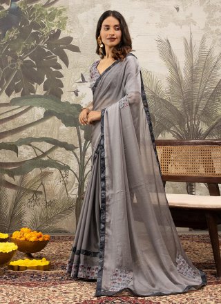 Patch Border and Print Work Georgette Classic Saree In Grey for Casual