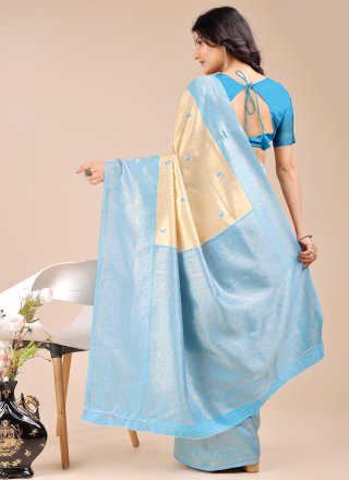 Patch Border and Woven Work Banarasi Silk Classic Saree In Aqua Blue and Cream