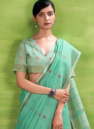 Patch Border and Zari Work Linen Contemporary Sari In Turquoise for Casual
