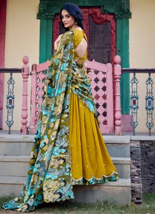 Patch Border, Booti, Embroidered and Print Work Vichitra Silk Lehenga Choli In Green and Mustard for Ceremonial