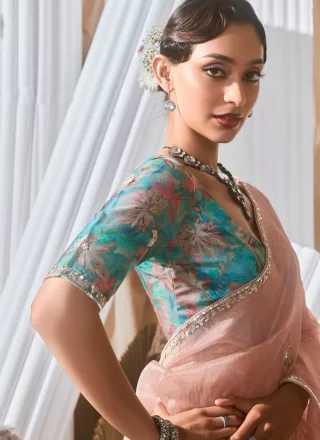 Patch Border, Booti, Embroidered, Sequins and Zari Work Fancy Fabric Classic Sari In Pink for Mehndi