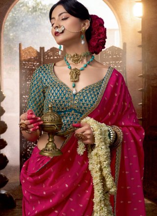 Patch Border, Booti, Lace and Zari Work Pure Crepe Designer Saree In Rani