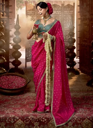 Patch Border, Booti, Lace and Zari Work Pure Crepe Designer Saree In Rani